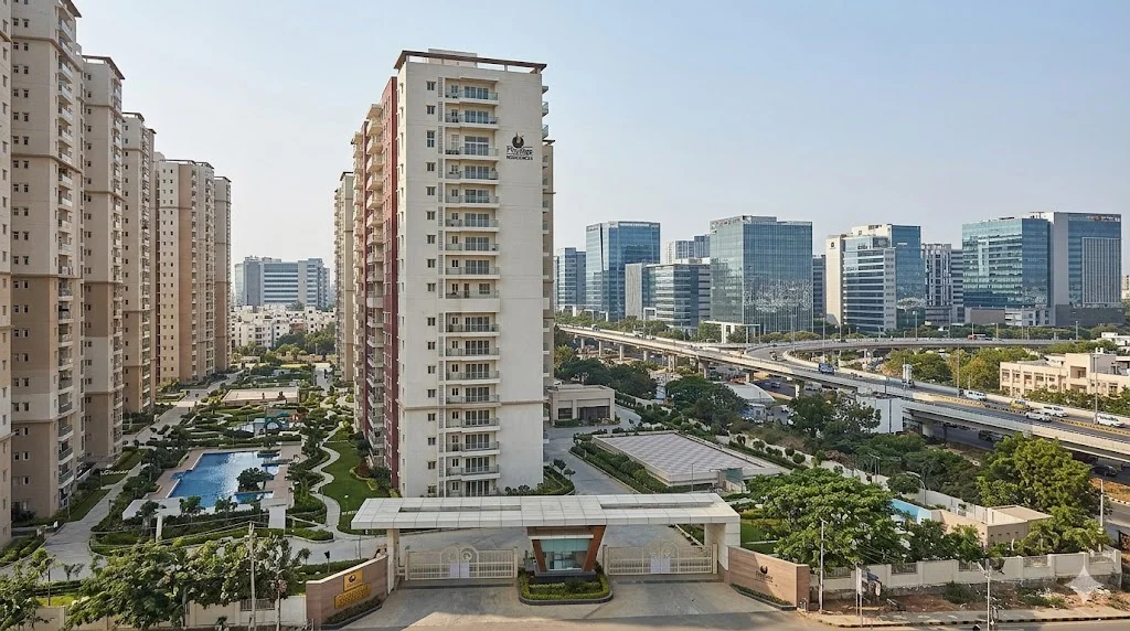 Exterior view of premium luxury apartments by Prestige Group located strategically near major IT hubs in Hyderabad.